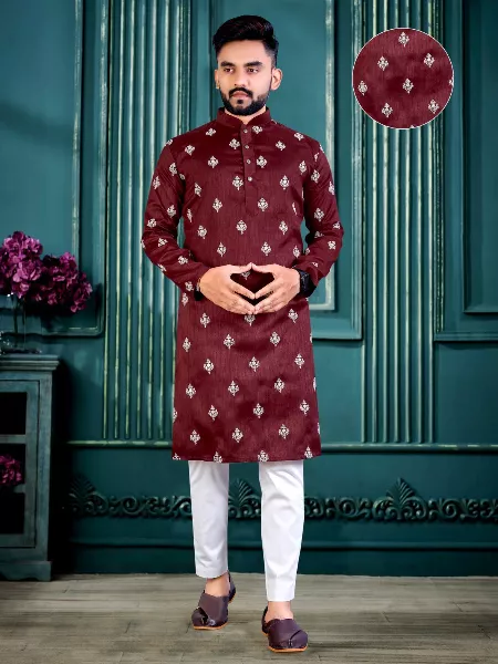 Traditional Kurta for Men in Maroon Color Cotton Fabric With Lucknowi Work