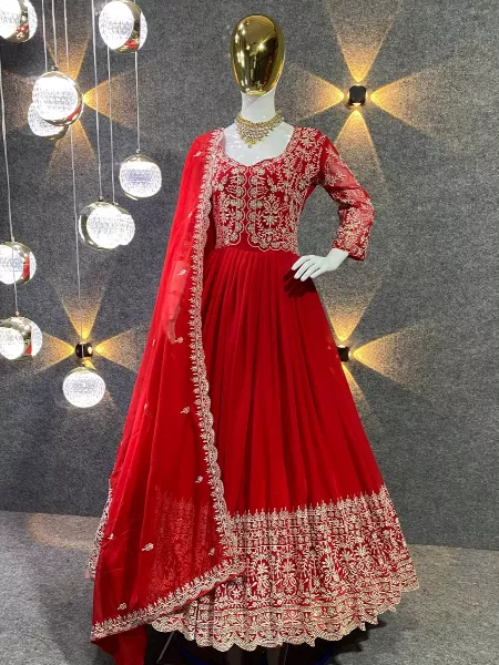 Red Color Heavy Georgette Gown With Embroidery and Cut Work With Dupatta