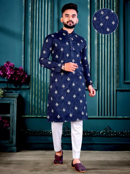Traditional Kurta for Men in Blue Color Cotton Fabric With Lucknowi Work