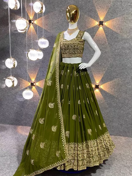 Mehendi Ceremony Lehenga With Heavy Embroidery Work and Dupatta in Georgette