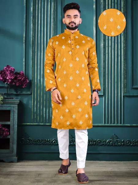 Traditional Kurta for Men in Mustard Color Cotton Fabric With Lucknowi Work