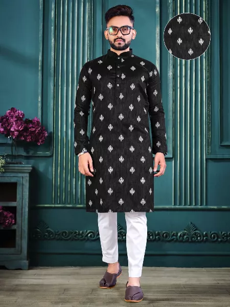 Traditional Kurta for Men in Black Color Cotton Fabric With Lucknowi Work