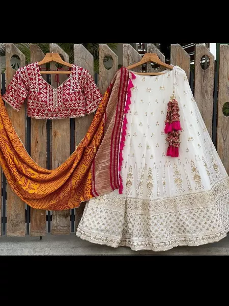 White Color Bridal Lehenga Choli With Sequence Work in Georgette With Red Blouse