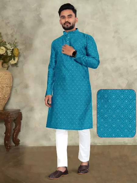 Men's Kurta in Sky Blue Color Silk Jacquard Fabric Mens Kurta With Pajama