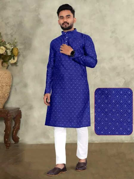 Men's Kurta in Blue Color Silk Jacquard Fabric Mens Kurta With Pajama