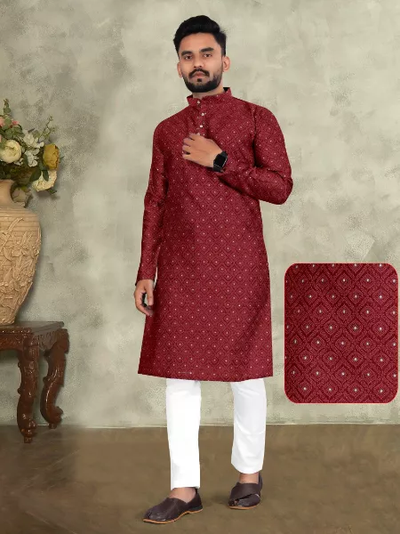 Men's Kurta in Red Color Silk Jacquard Fabric Mens Kurta With Pajama