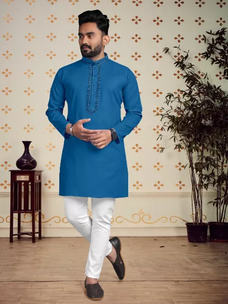 Rama Color Men's Kurta With Cotton Fabric Mens Kurta With Pajama