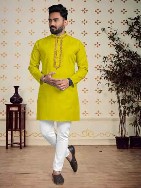 Yellow Color Men's Kurta With Cotton Fabric Mens Kurta With Pajama