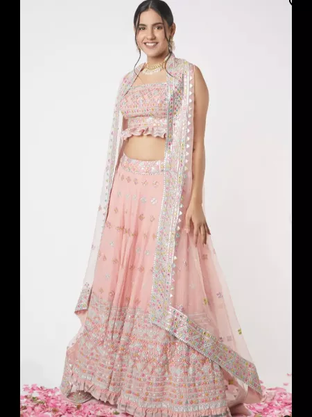 Light Pink Georgette Lehenga Choli With Colorful Thread Embroidery and Dupatta