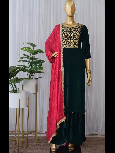 Green Velvet Salwar Kameez With Embroidery on Neck and Pink Dupatta Pakistani Salwar Kameez
