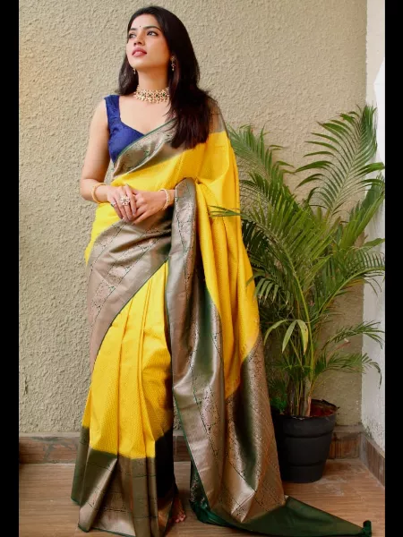 Indian Sari in Yellow Lichi Silk Fabric With Green Border and Golden Zari Weaving