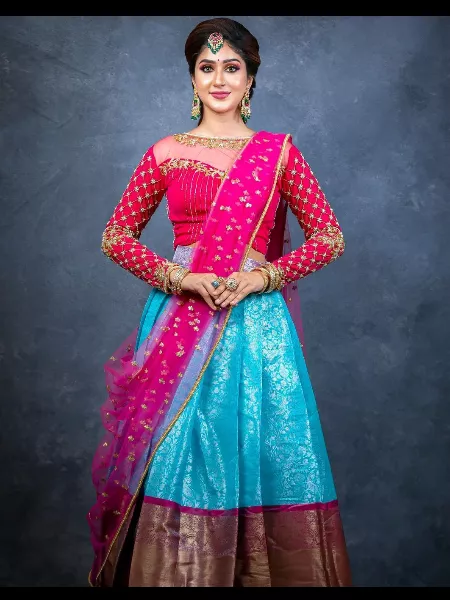 Sky Blue Half Saree Lehenga Choli in Kanjivaram Silk Zari Weaving Pavadai Thavani South Indian Lehenga Choli