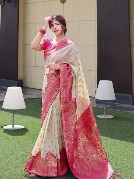 South Indian Wedding Saree in White Color With Pink Border and Blouse