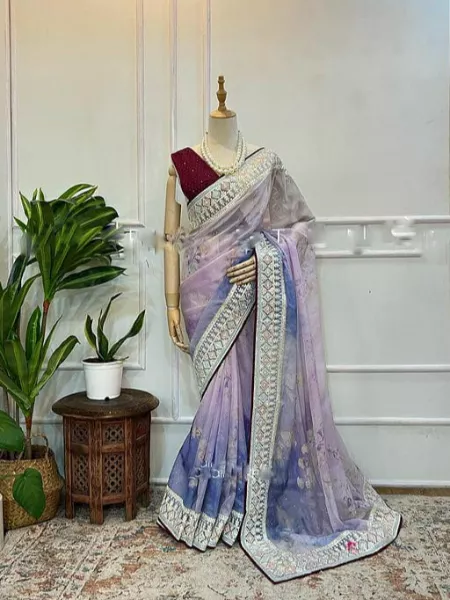 Blue Color Organza Wedding Saree With Heavy Embroidery and Digital Print Work