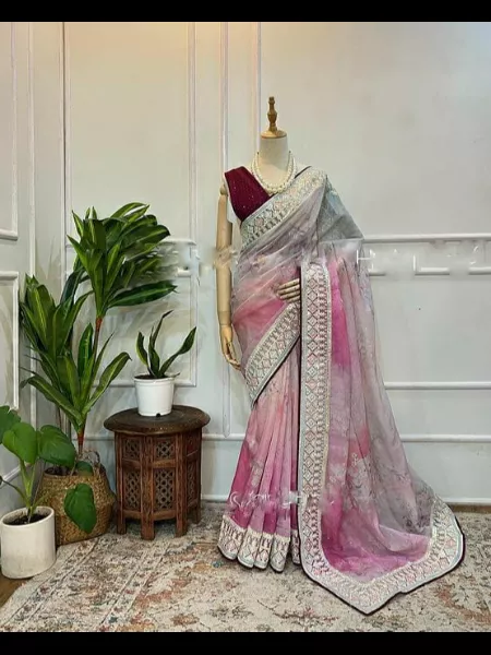Pink Color Organza Wedding Saree With Heavy Embroidery and Digital Print Work
