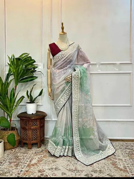 Green Color Organza Wedding Saree With Heavy Embroidery and Digital Print Work