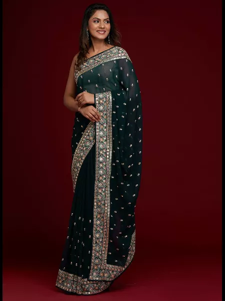 Rama Color Wedding and Reception Saree With Beautiful Embroidery Work