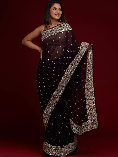Black Color Wedding and Reception Saree With Beautiful Embroidery Work