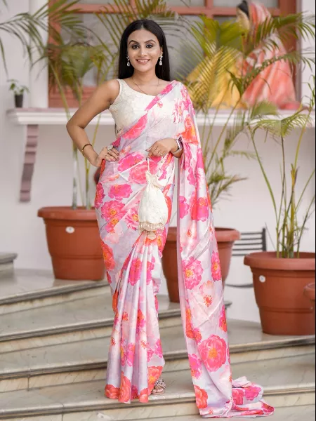 Multi Color Satin Saree in Digital Print With Readymade Blouse and Batwa
