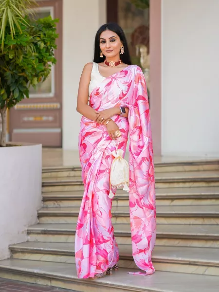 Pink Color Satin Saree in Digital Print With Readymade Blouse and Batwa