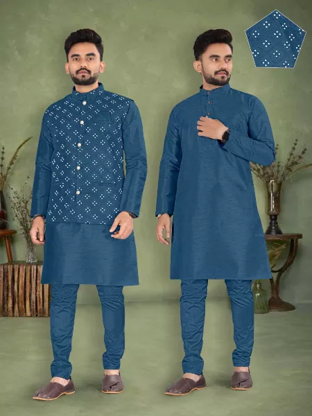 Rama Color Men's Kurta Pyjama Set in Banglori Silk With Mirror Work Koti