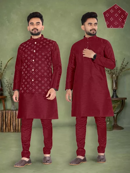 Maroon Color Men's Kurta Pyjama Set in Banglori Silk With Mirror Work Koti