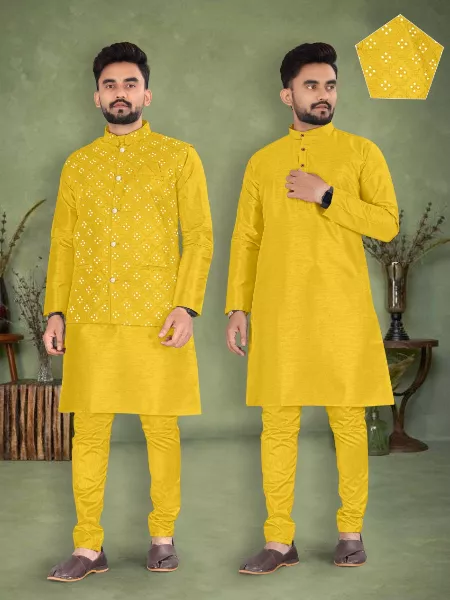 Yellow Color Men's Kurta Pyjama Set in Banglori Silk With Mirror Work Koti