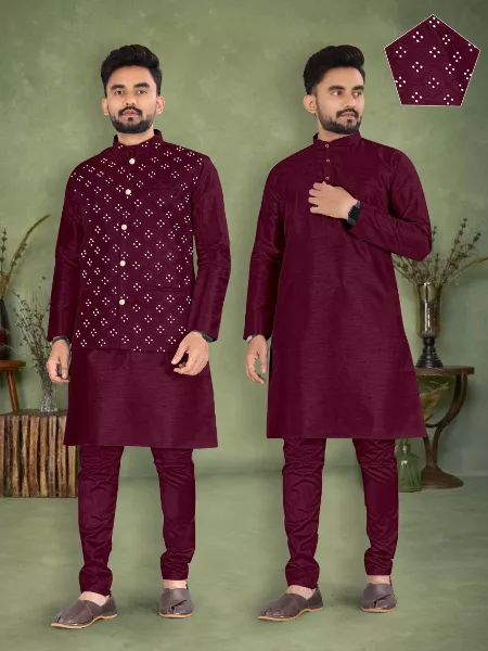 Wine Color Men's Kurta Pyjama Set in Banglori Silk With Mirror Work Koti