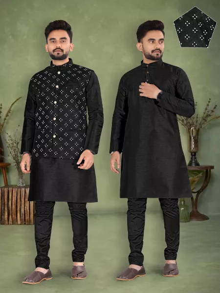 Black Color Men's Kurta Pyjama Set in Banglori Silk With Mirror Work Koti