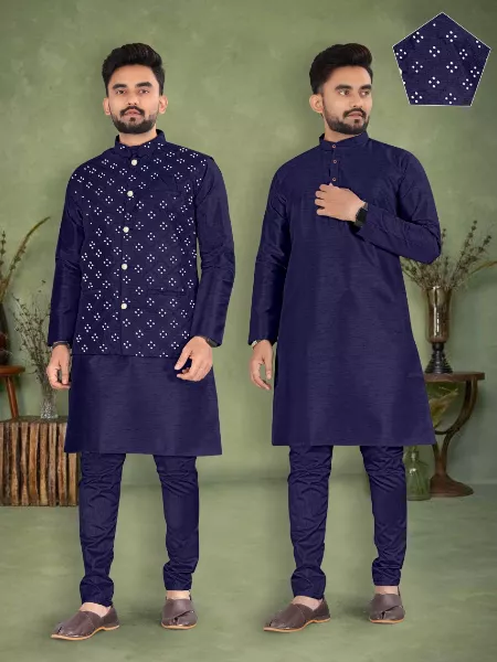 Blue Color Men's Kurta Pyjama Set in Banglori Silk With Mirror Work Koti