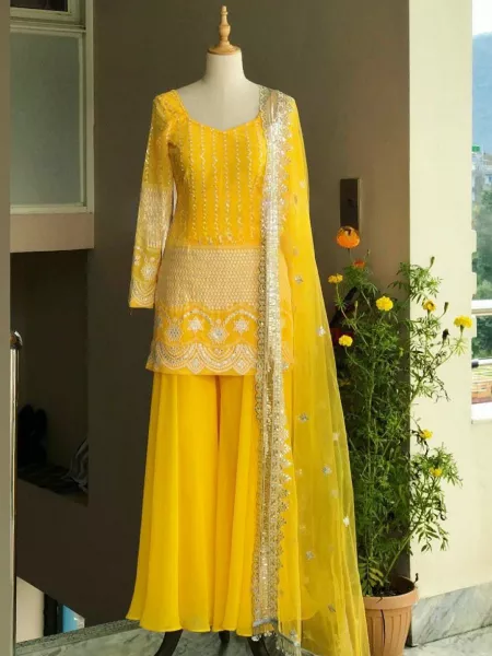 Haldi Ceremony Designer Suit in Georgette With Sequence and Thread Work