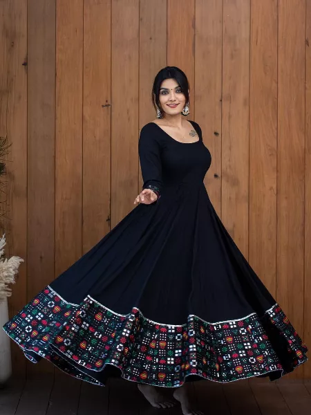 Black Color Party Wear Gown With Embroidery Work Big Flair Gown