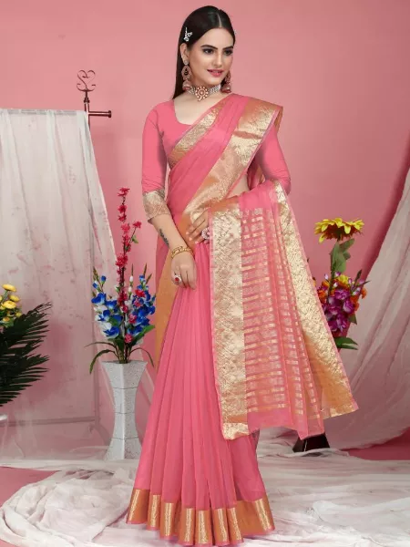Light Pink Color Nylon Organza Saree for Classy Look With Golden Zari Border