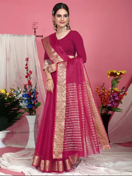 Rani Pink Color Nylon Organza Saree for Classy Look With Golden Zari Border