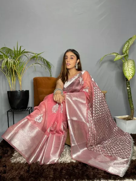 Classy Look Light Pink Nylon Organza Saree With Embroidery and Zari Border