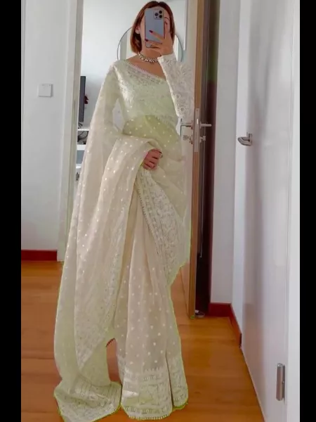White Color Soft Organza Saree With Designer Lucknowi Thread With Zari Work
