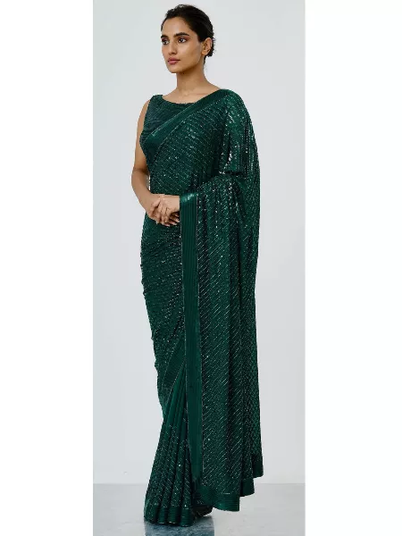 Green Party Wear Saree in Georgette With Sequence Work Bollywood Party Wear Saree
