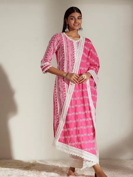 Pink Color Heavy Cotton Thread Work Suit With Pant and Dupatta