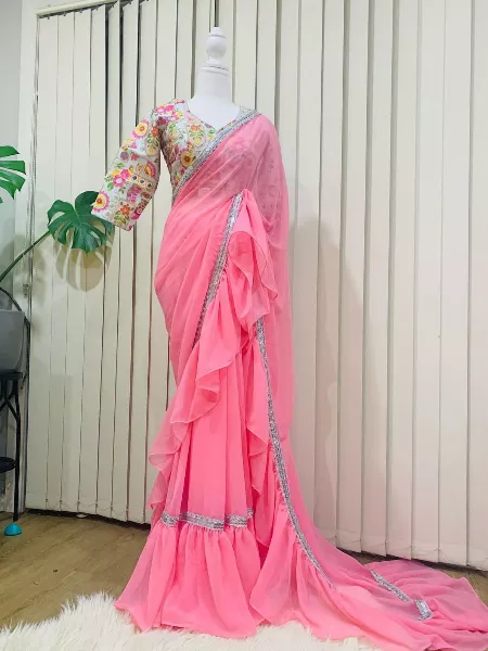 Light Pink Beautiful Georgette Ruffle Party Wear Saree With Printed Blouse
