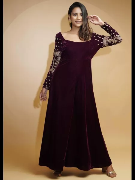 Wine Color Velvet Gown for Party Wear and Functions With Embroidery Work on Sleeves
