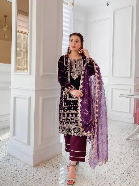Adorable Velvet Cording Sequence Embroidery Work Pakistani Suit With Dupatta
