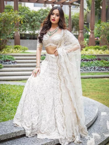 Jannat Zubair Lehenga Choli in White Color With Sequence Work in Georgette With Dupatta