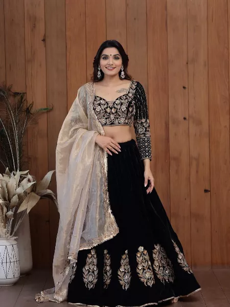Bridal Black Velvet Full Heavy Embroidery Lehenga Choli With Dupatta