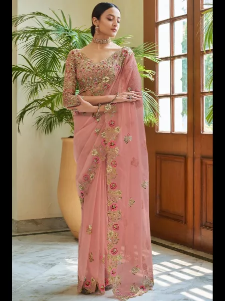 Bollywood Saree in Peach Color With Georgette Fabric and Sequence Work Blouse