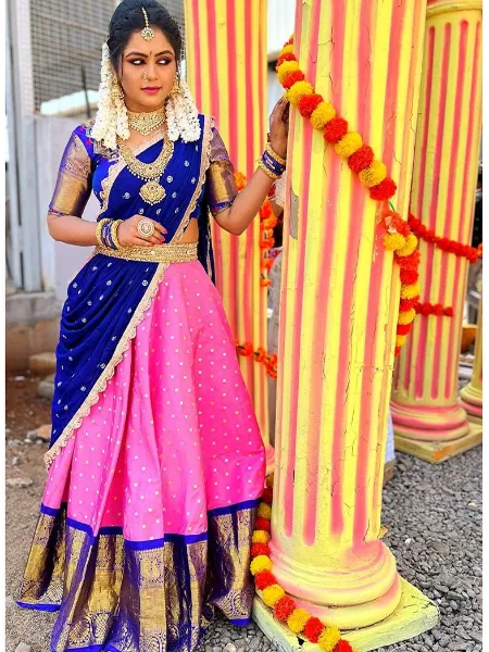 Pink Color South Indian Half Saree Lehenga With Blue Color Pavadai Thavani