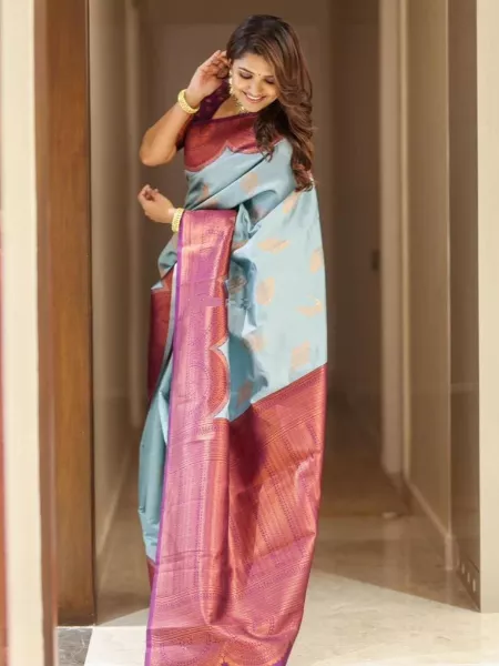 Vani Bhojan South India Saree in Sky Blue Color With Wine Color Blouse