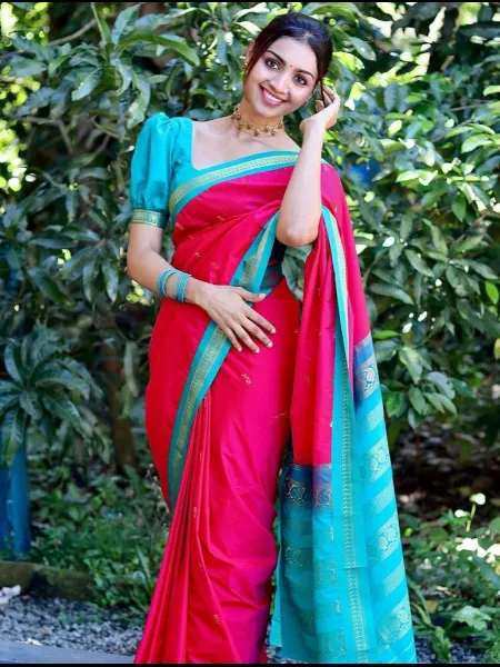 Rani Pink South India Saree in Art Lichi Silk Fabric With Blouse South Saree
