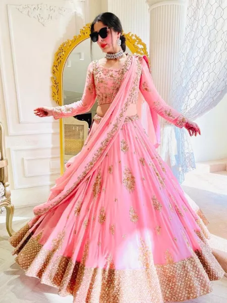 Light Pink Bollywood Lehenga Choli in Georgette With Heavy Sequence Work and Dupatta