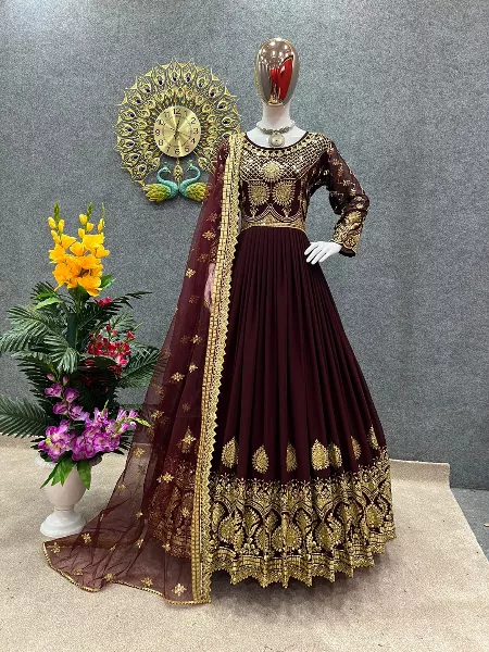Brown Color Georgette Gown With Heavy Embroidery Work and Dupatta Reception Gown