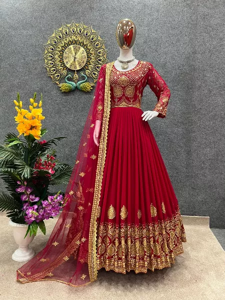 Pink Color Georgette Gown With Heavy Embroidery Work and Dupatta Reception Gown